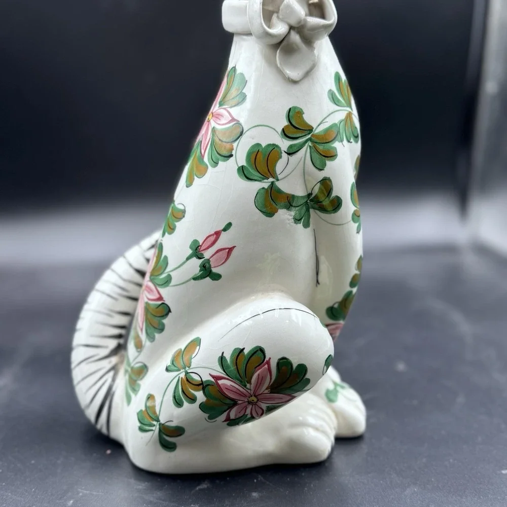 VTG Long Neck Ceramic Cat LARGE Figurine Made Italy‎ 1960s Floral W/Bow Rare 17